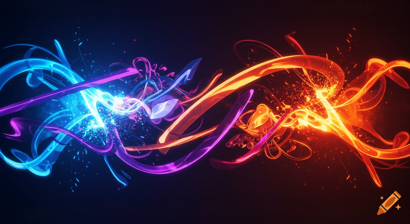 Abstract colorful background with vibrant blue, purple, orange, and red swirling neon light ribbons and glowing effects.