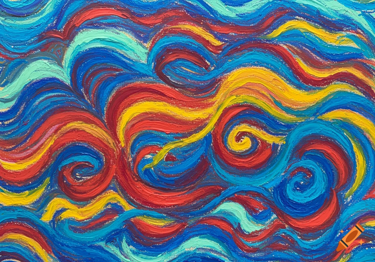 An abstract painting with swirling waves of red, blue, yellow, and turquoise crayon strokes, creating a textured pattern.