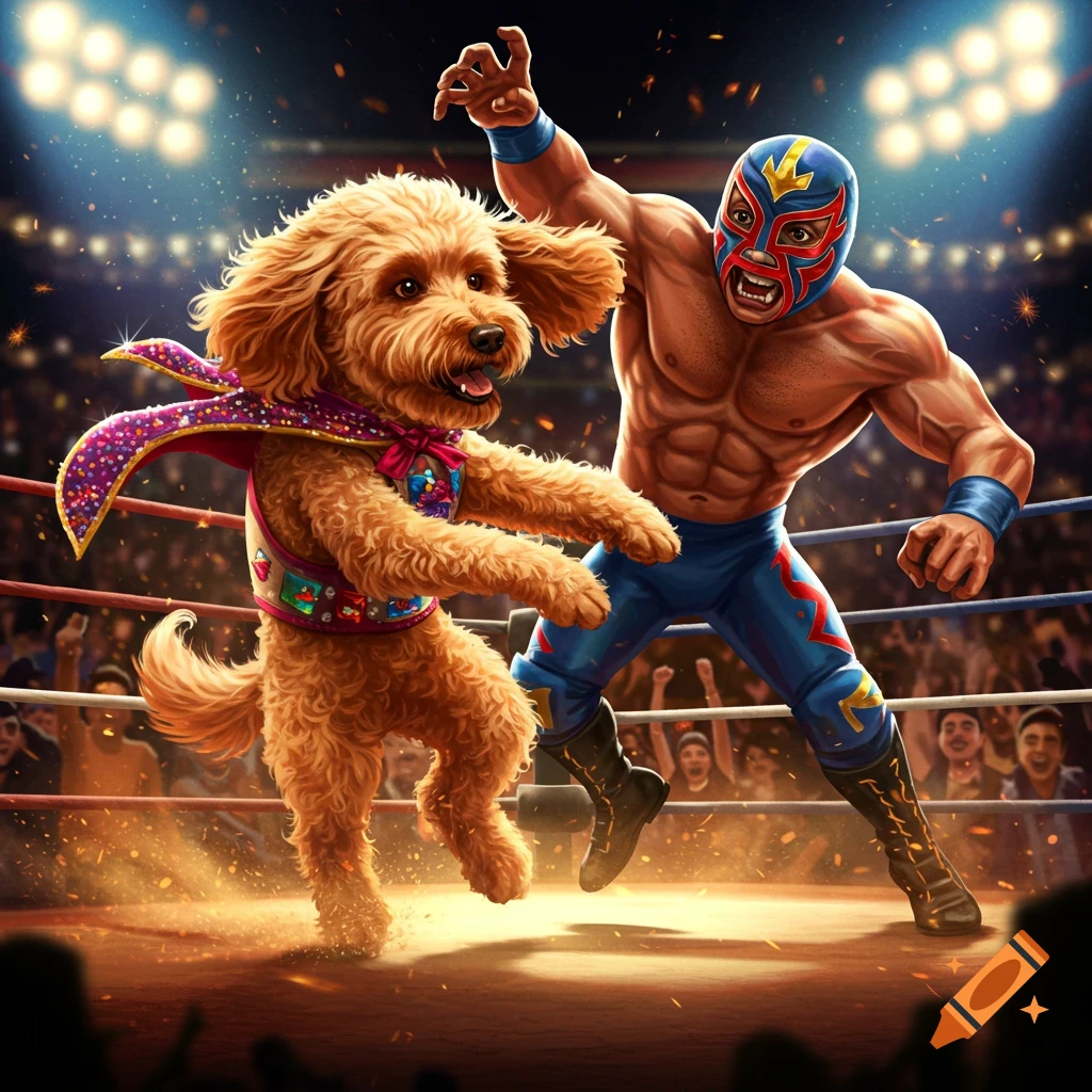 A golden doodle dog in a superhero cape wrestles a masked luchador in a brightly lit wrestling ring with a cheering crowd.