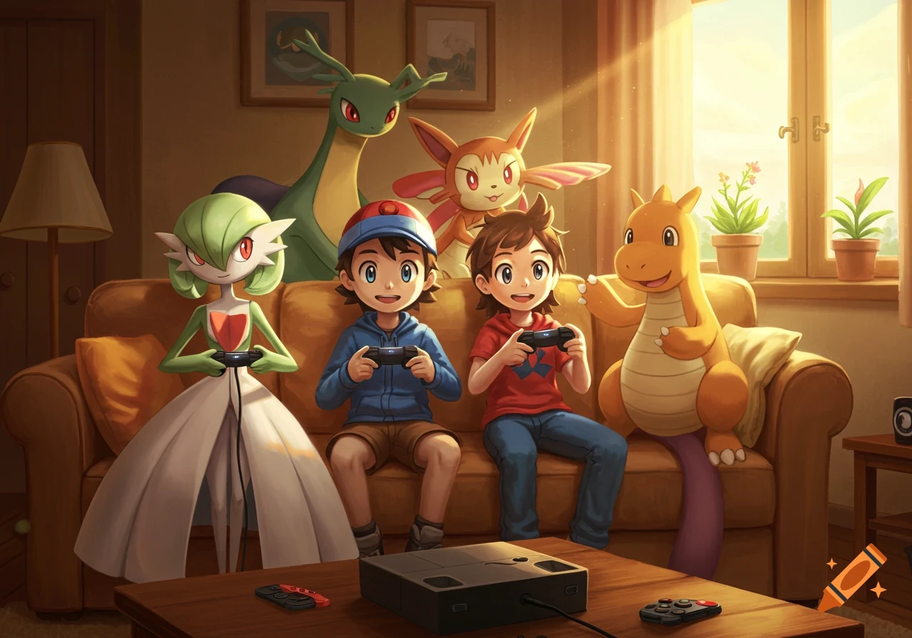 Two boys and three Pok Amon, Gardevoir, Dragonite, and another, play video games on a couch in a sunlit living room.