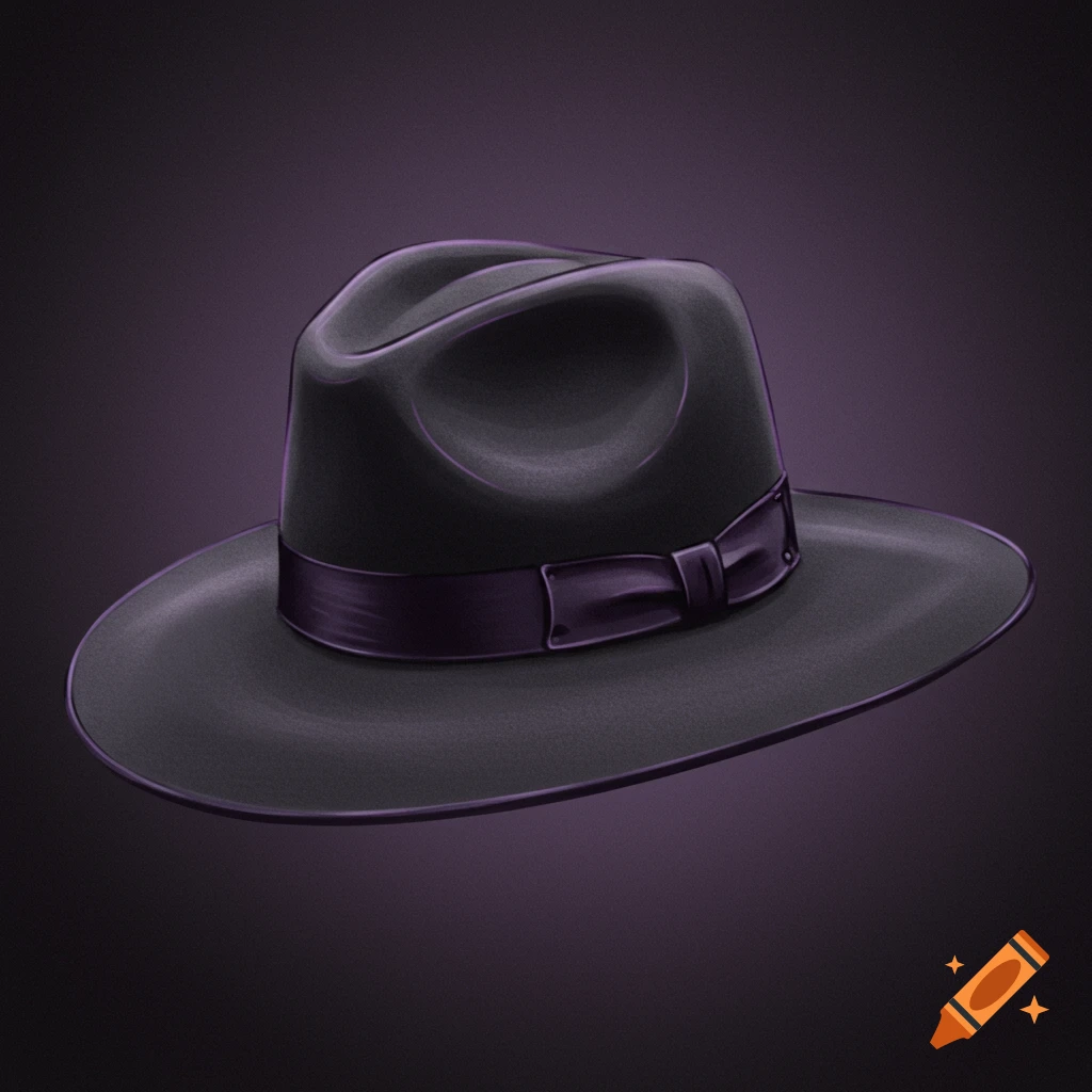 A stylish dark charcoal fedora hat with a violet band, digitally illustrated against a deep purple background.