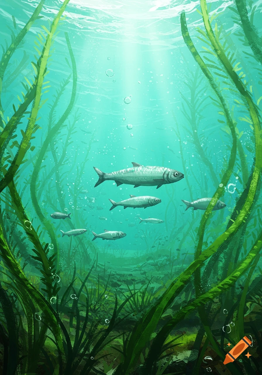 Illustrated underwater scene with herring swimming among green eelgrass, with sunlight filtering from above.