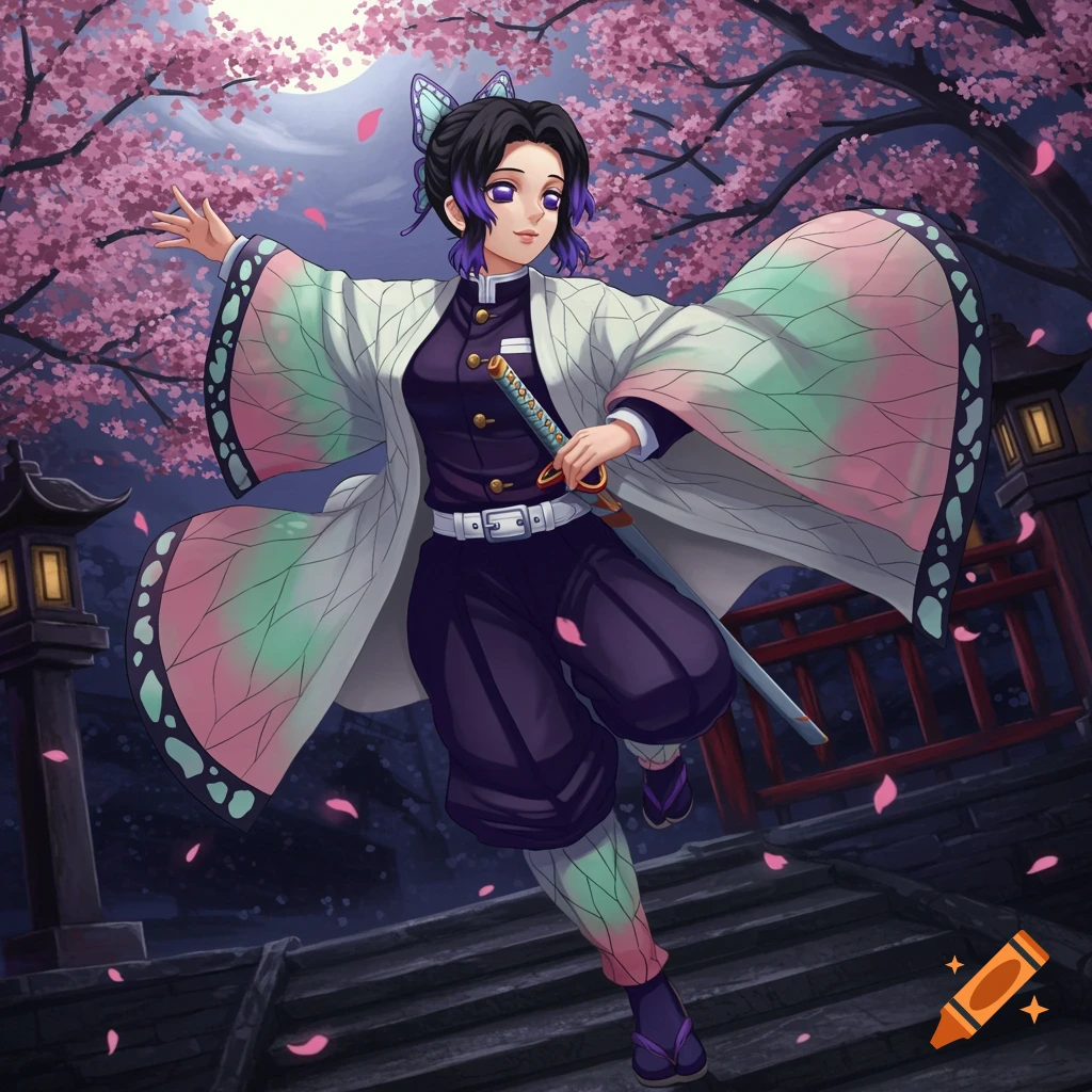 Anime character Shinobu Kocho under cherry blossoms at night, holding a katana, with a full moon and lanterns.