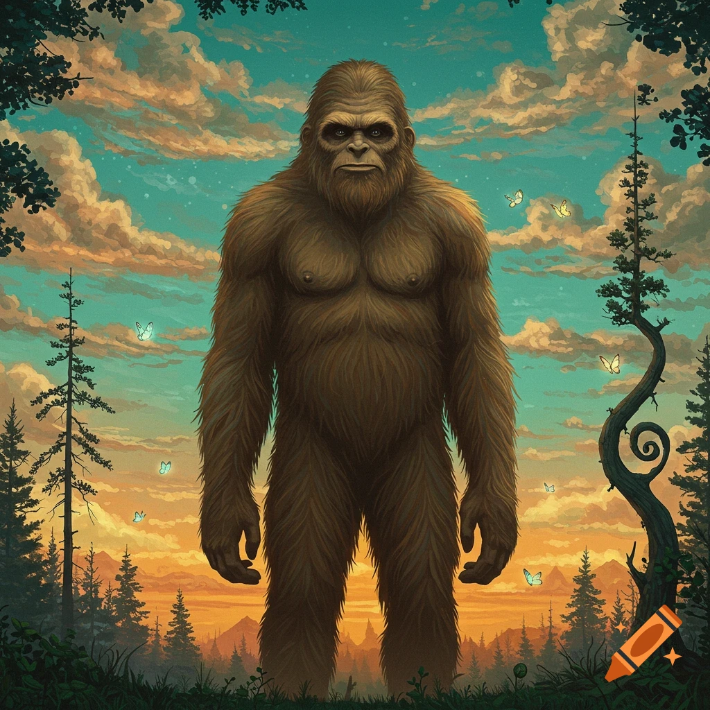 A surrealist painting of a large, hairy Bigfoot-like creature standing in a vibrant forest at sunset with butterflies.
