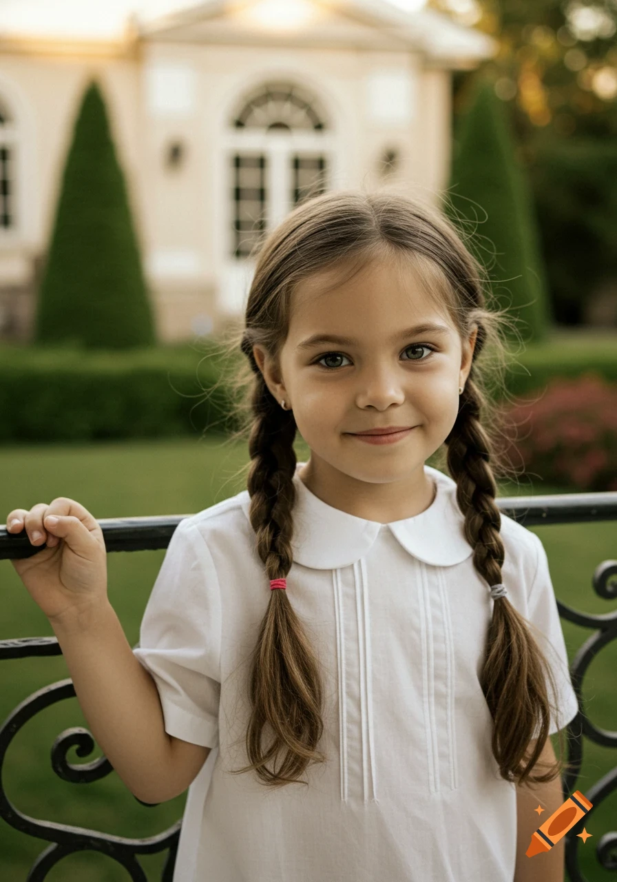 A close-up portrait of a smiling young girl with braided brown hair and hazel eyes, wearing a white shirt, in a mansion garden.