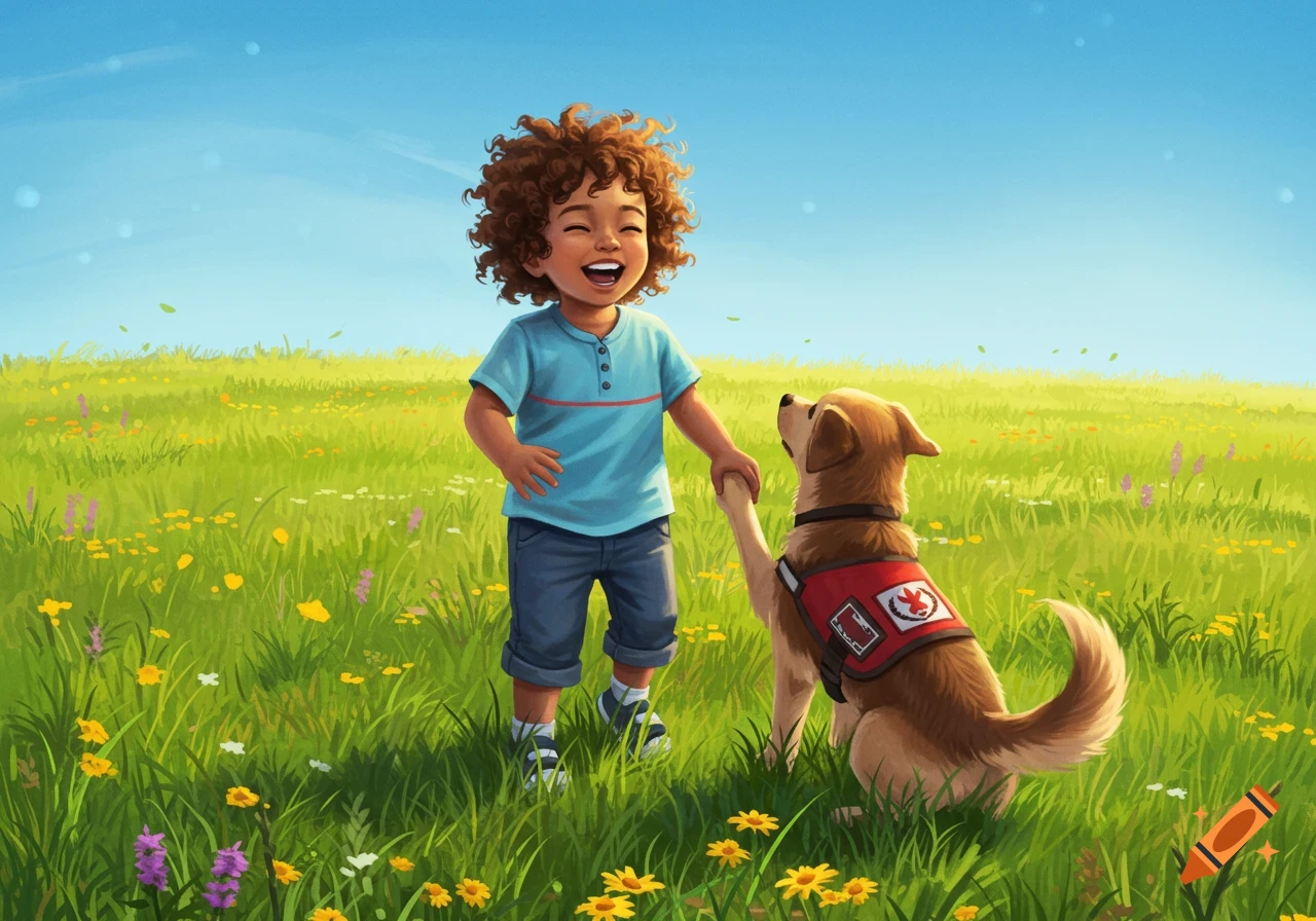 A happy child with curly brown hair laughs while holding the paw of a golden service dog in a grassy field with wildflowers under a clear blue sky. The dog wears a red vest with a Canadian maple leaf symbol.