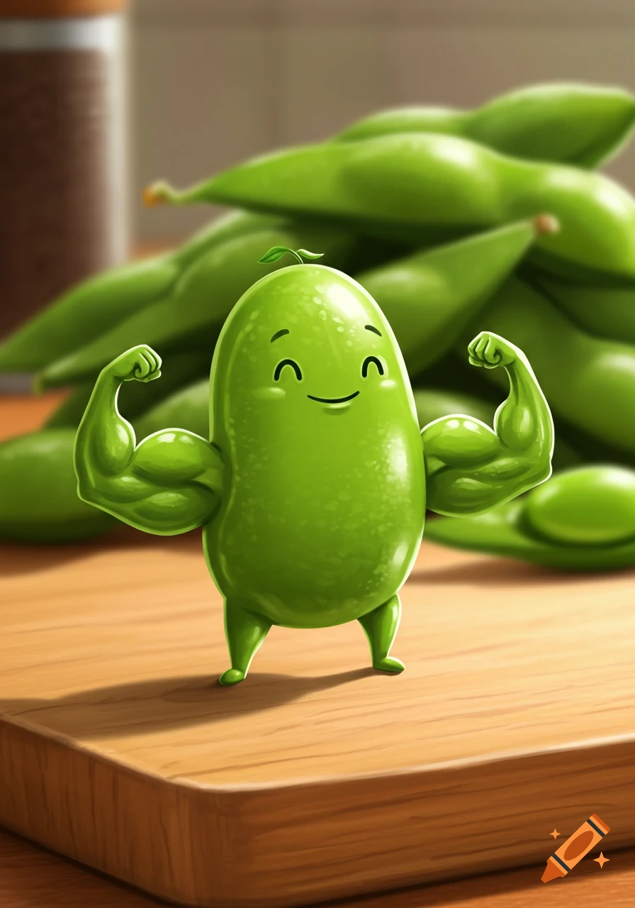 A cute, cartoon edamame bean with a happy face and muscular arms flexes on a wooden cutting board with more edamame pods in the blurred background.