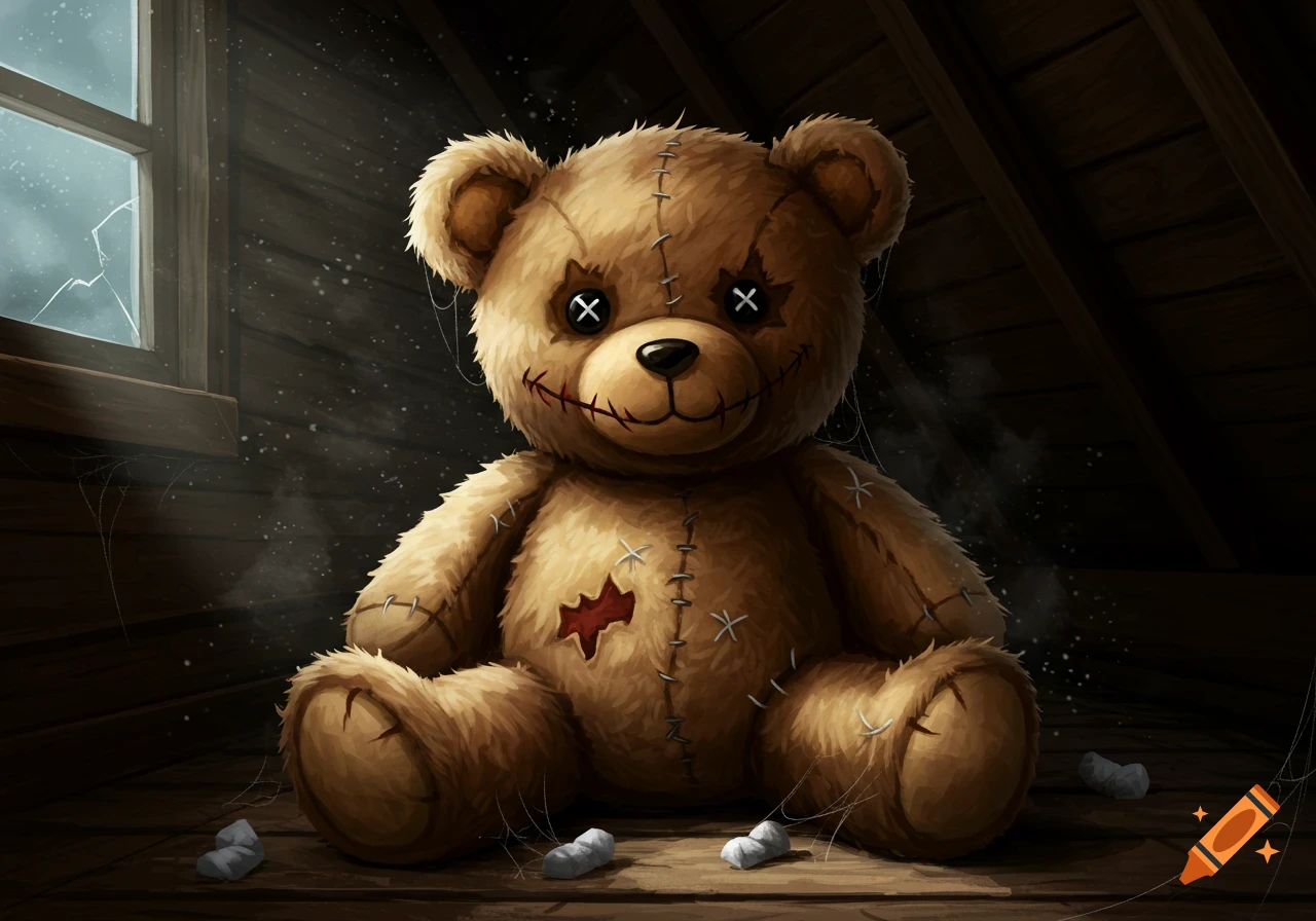 A creepy, stitched teddy bear with X-eyes and a sewn mouth sits in a dark, dusty attic with a broken window.