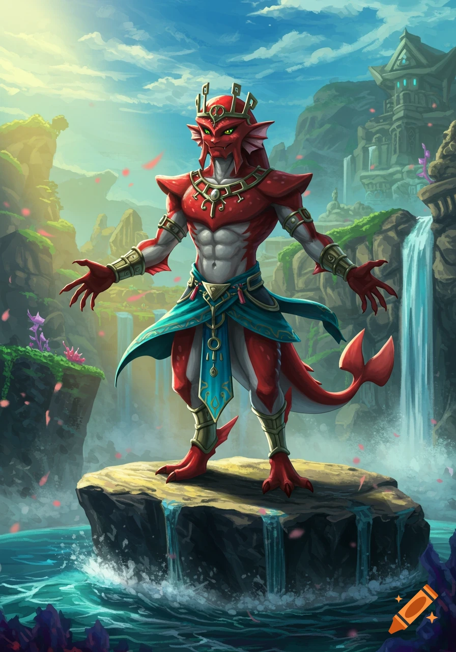 A regal red Zora-like character with green eyes stands on a rock in a vibrant fantasy landscape with waterfalls and a temple.