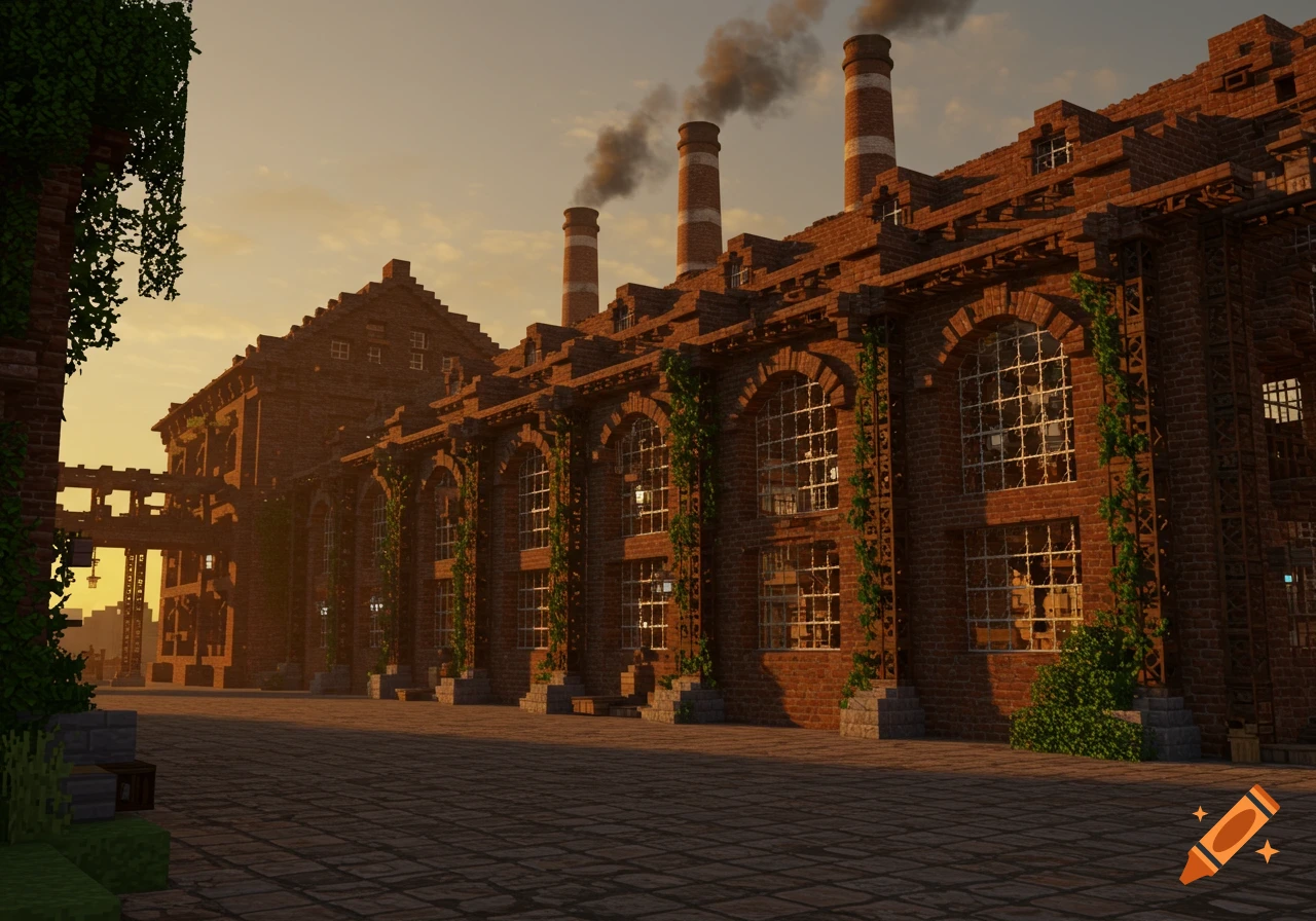 Large Minecraft-style brick industrial warehouse with smoking chimneys, arched windows, and climbing vines, set at sunset.