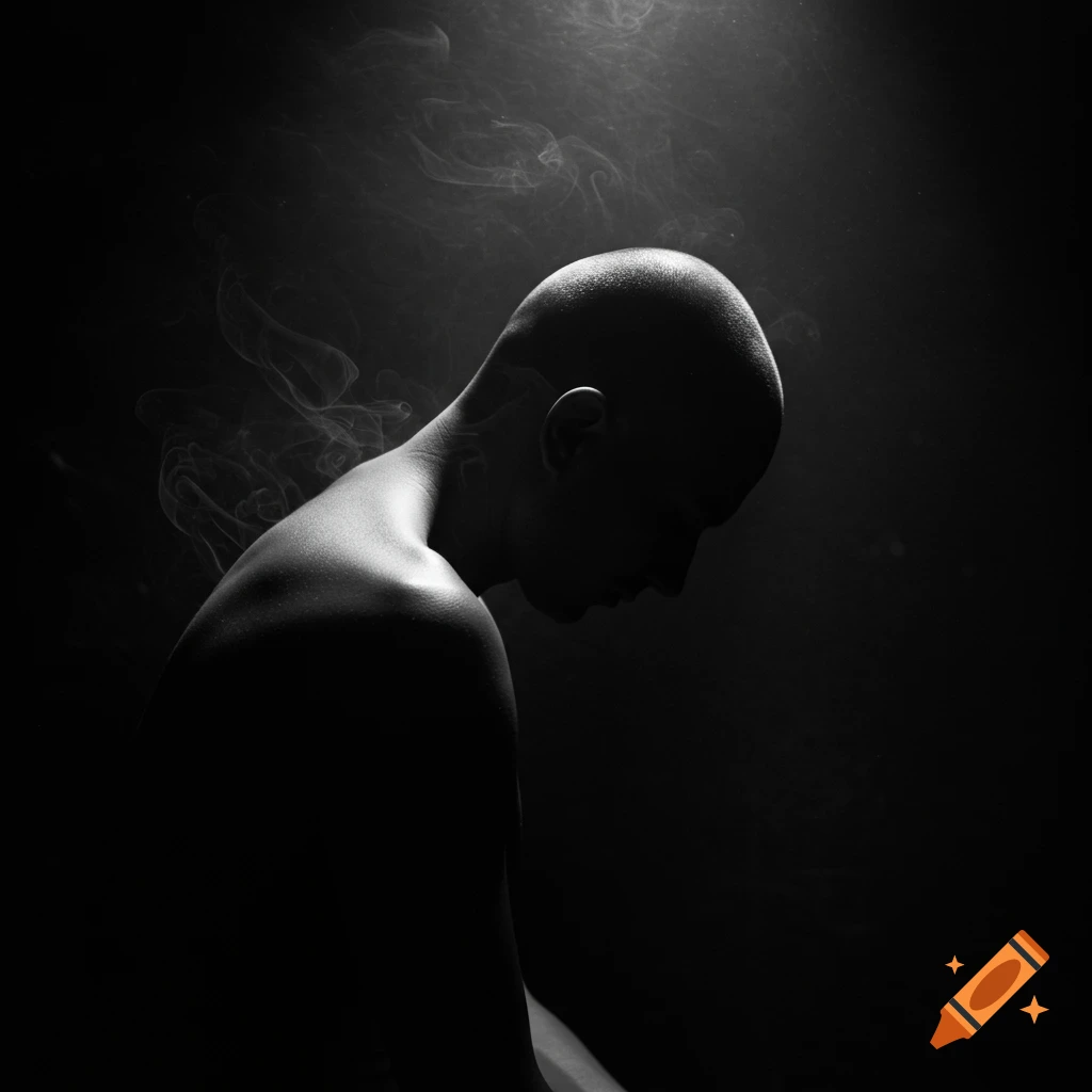 Black and white profile of a bald man with head bowed in shadow and smoke.