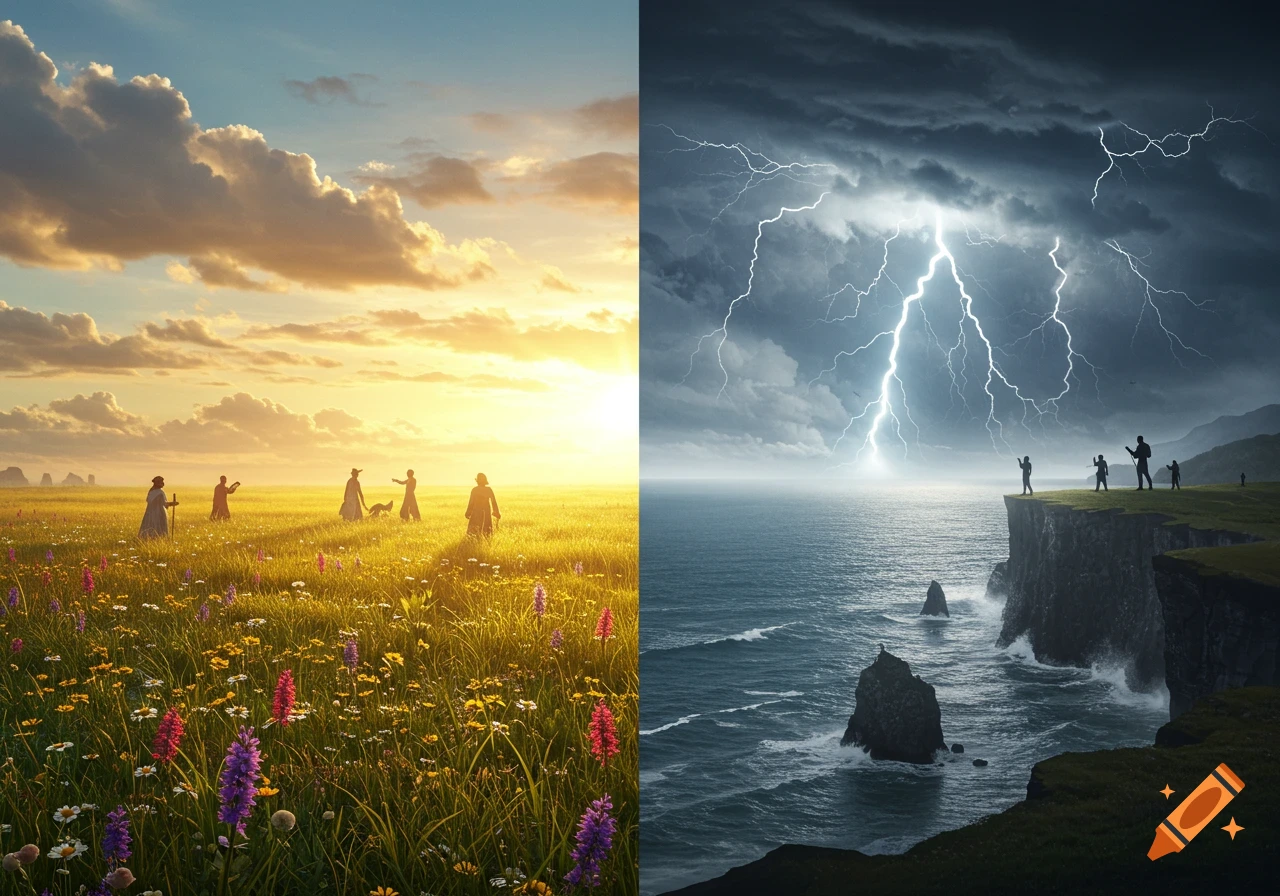 A diptych showing two contrasting scenes: people walk through a sunlit field on the left, and silhouetted figures stand on a cliff overlooking a stormy sea with lightning on the right.