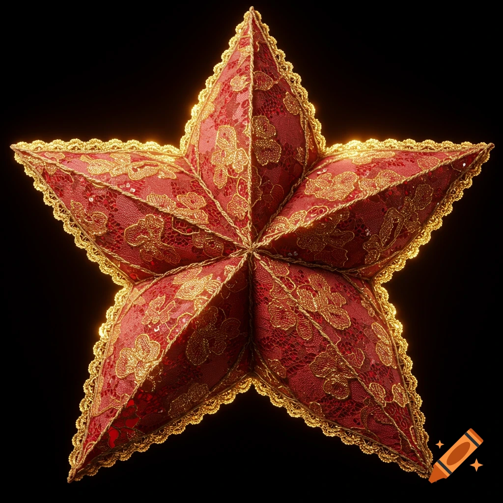 A red fabric star with intricate gold lace patterns and trim, glowing against a black background.