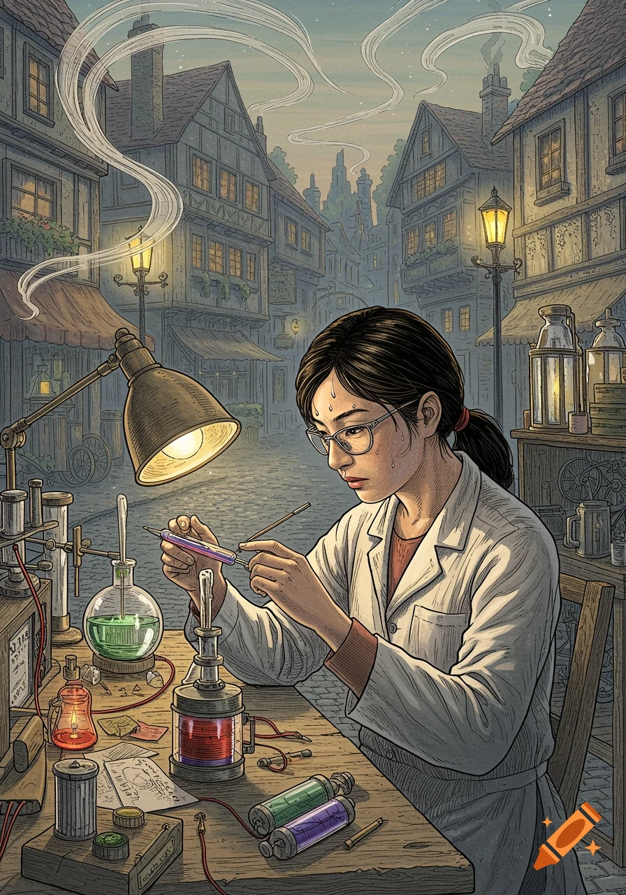 An engraving shows a woman in a lab coat working on an advanced battery research project at a table in a bustling old town at night.