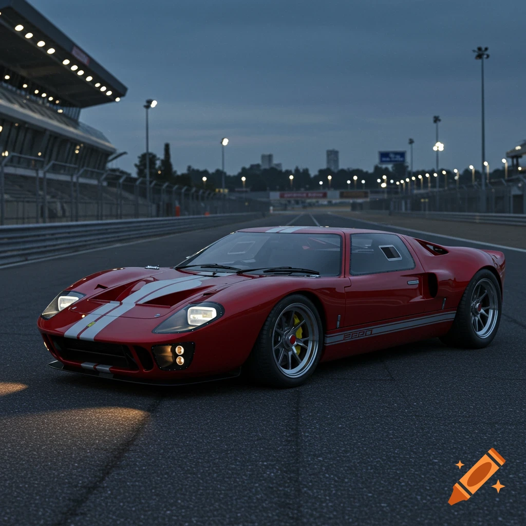 A red Ford GT40 with white racing stripes on a race track at dusk under stadium lights.