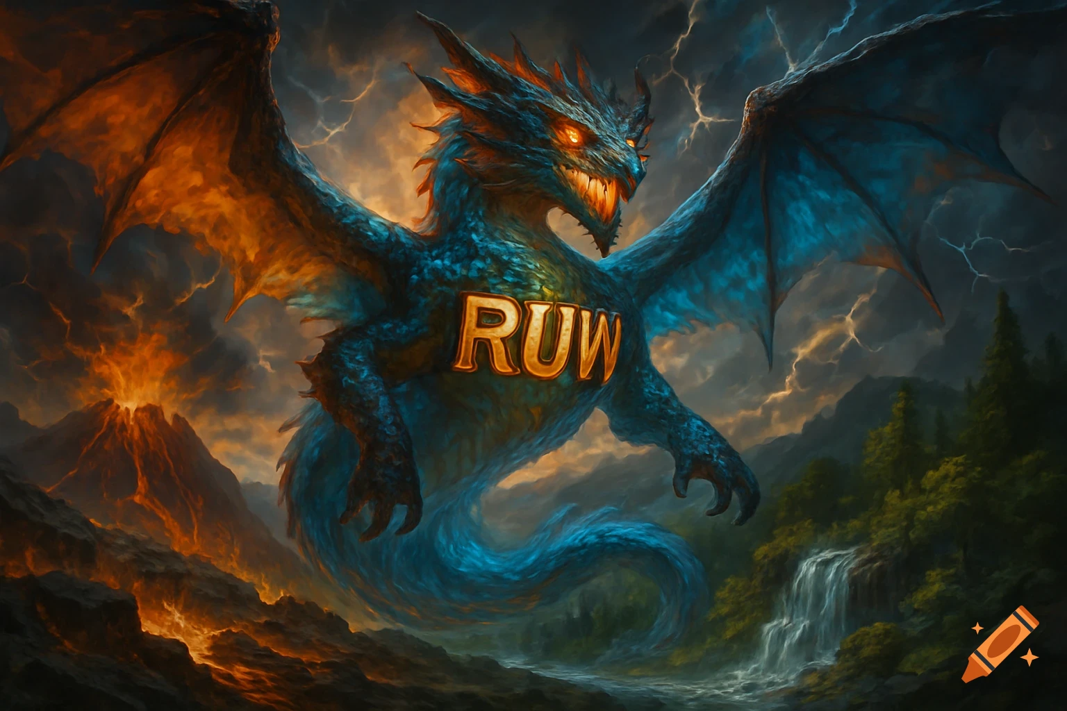 An epic blue and orange dragon with glowing eyes and 'RUW' on its chest, soaring over a fiery volcano and a lush landscape with a waterfall.