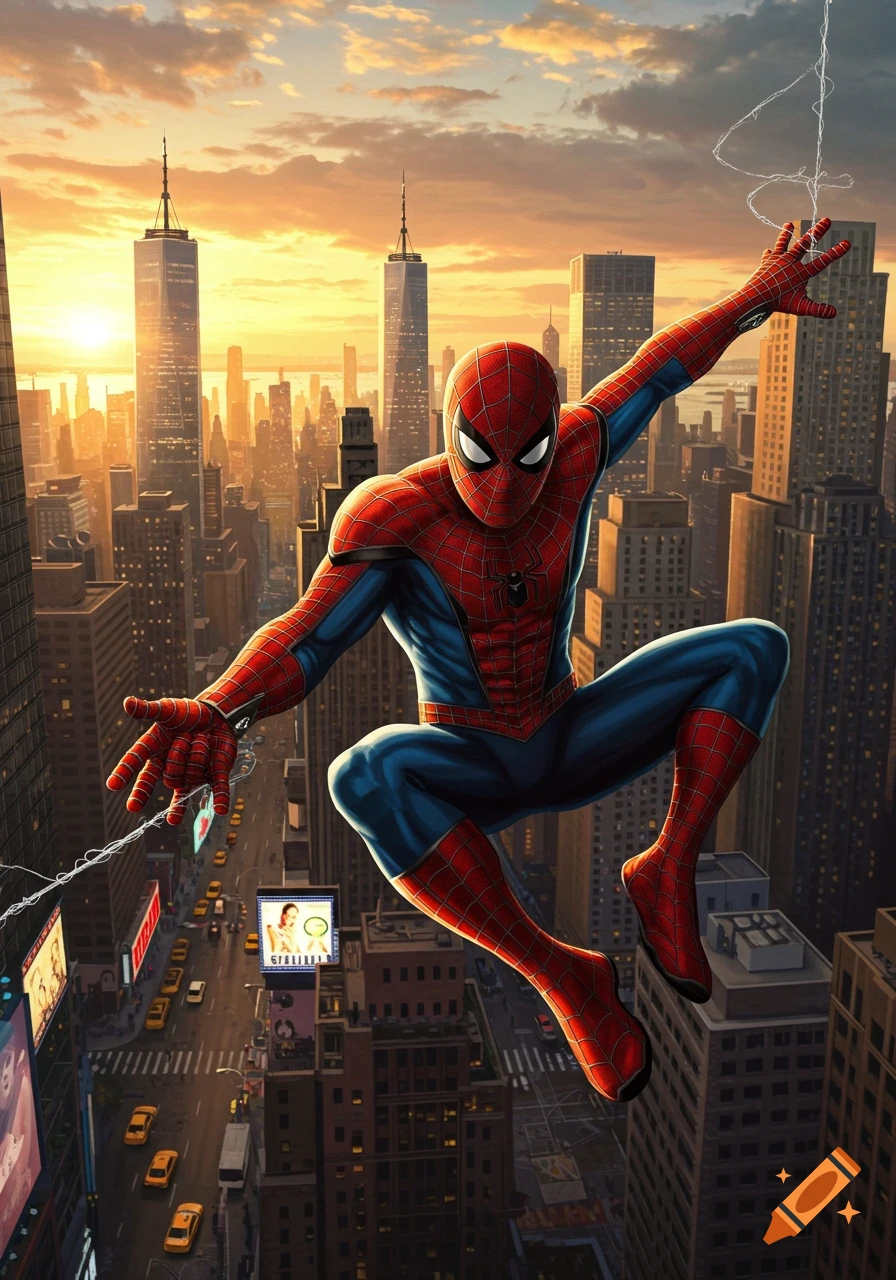 Spider-Man swings through a bustling New York City at sunset, with skyscrapers and yellow cabs below.