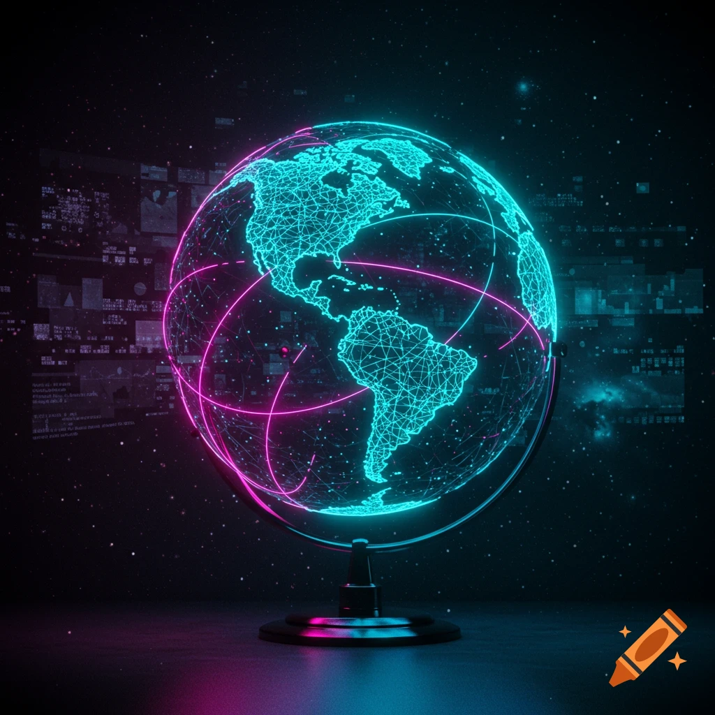 A glowing neon blue and pink wireframe globe with network connections against a dark, starry background with data displays.