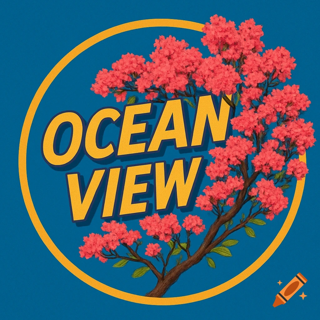 A blue circular logo with a yellow border features the words 'OCEAN VIEW' and a pink-flowered tree.