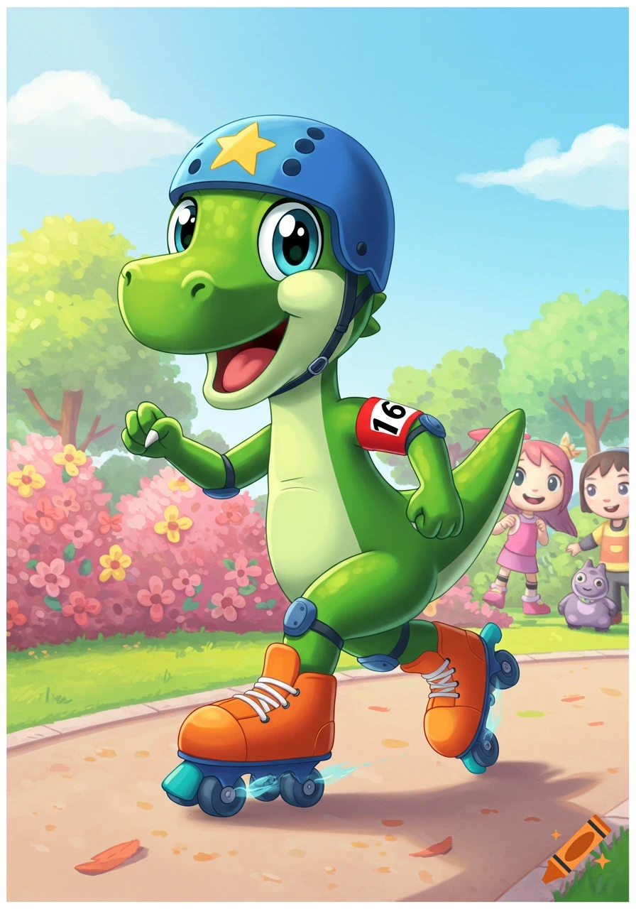 A friendly cartoon green raptor on roller skates, wearing a blue helmet and '16' armband, skates in a park with children.