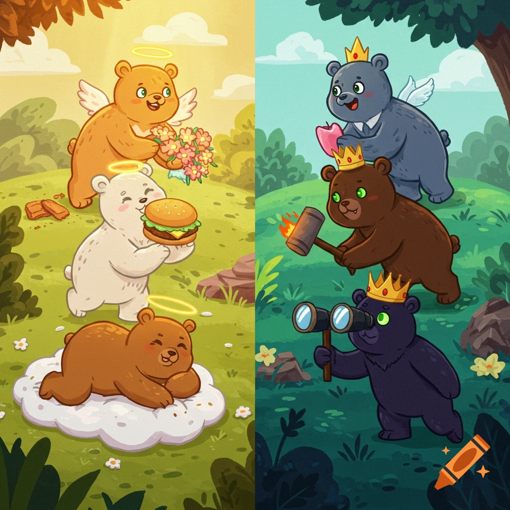 A colorful cartoon split image showing six anthropomorphic bears. On the left, 'virtue' bears: a winged, haloed bear with flowers, a haloed bear with a burger, and a bear sleeping on a cloud. On the right, 'vice' bears: a crowned, winged bear with a heart, a crowned bear with a fiery hammer, and a crowned bear with binoculars.