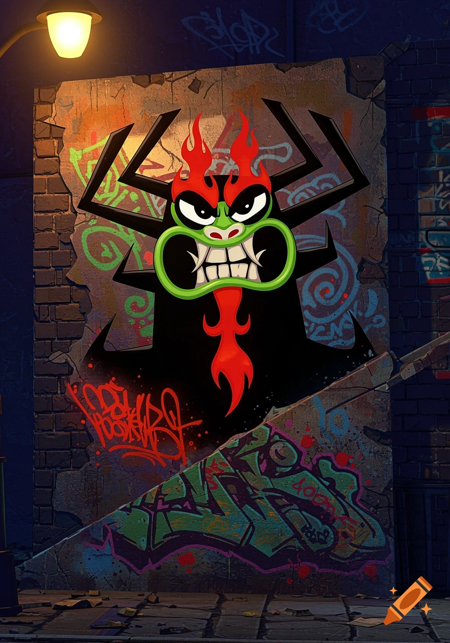 Graffiti art of the character Aku from Samurai Jack on a dark, brick wall under a streetlamp.