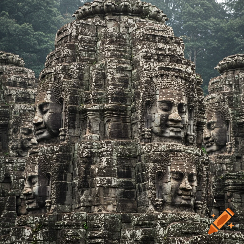 Detailed close-up of moss-covered ancient stone temple with multiple large carved faces emerging from the structure, against a jungle background.