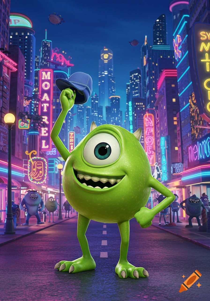 Mike Wazowski from Monsters Inc. smiles while tipping his blue baseball cap in a neon-lit monster city at night.