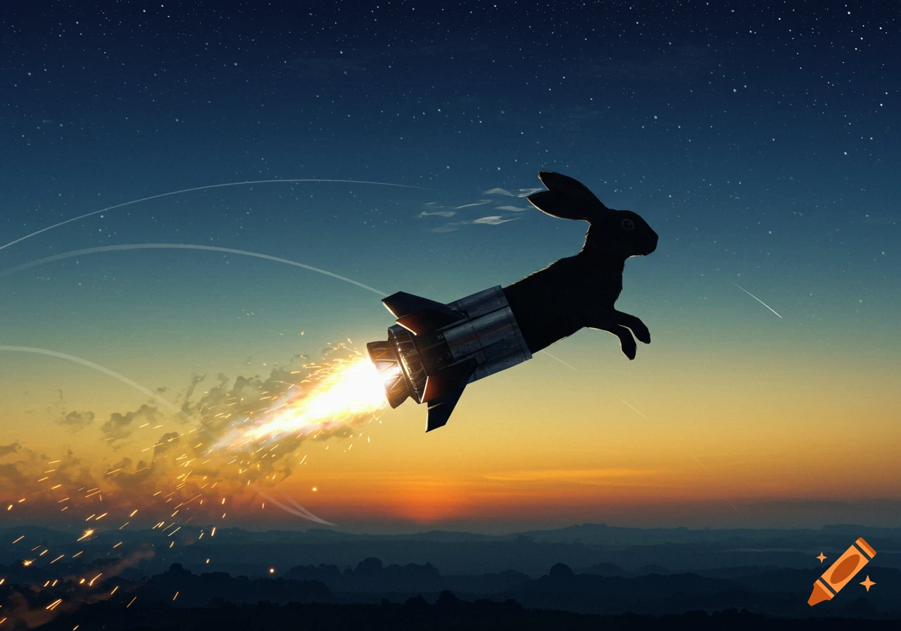 A silhouetted rabbit with a rocket body flies across a starry twilight sky over a sunset landscape.