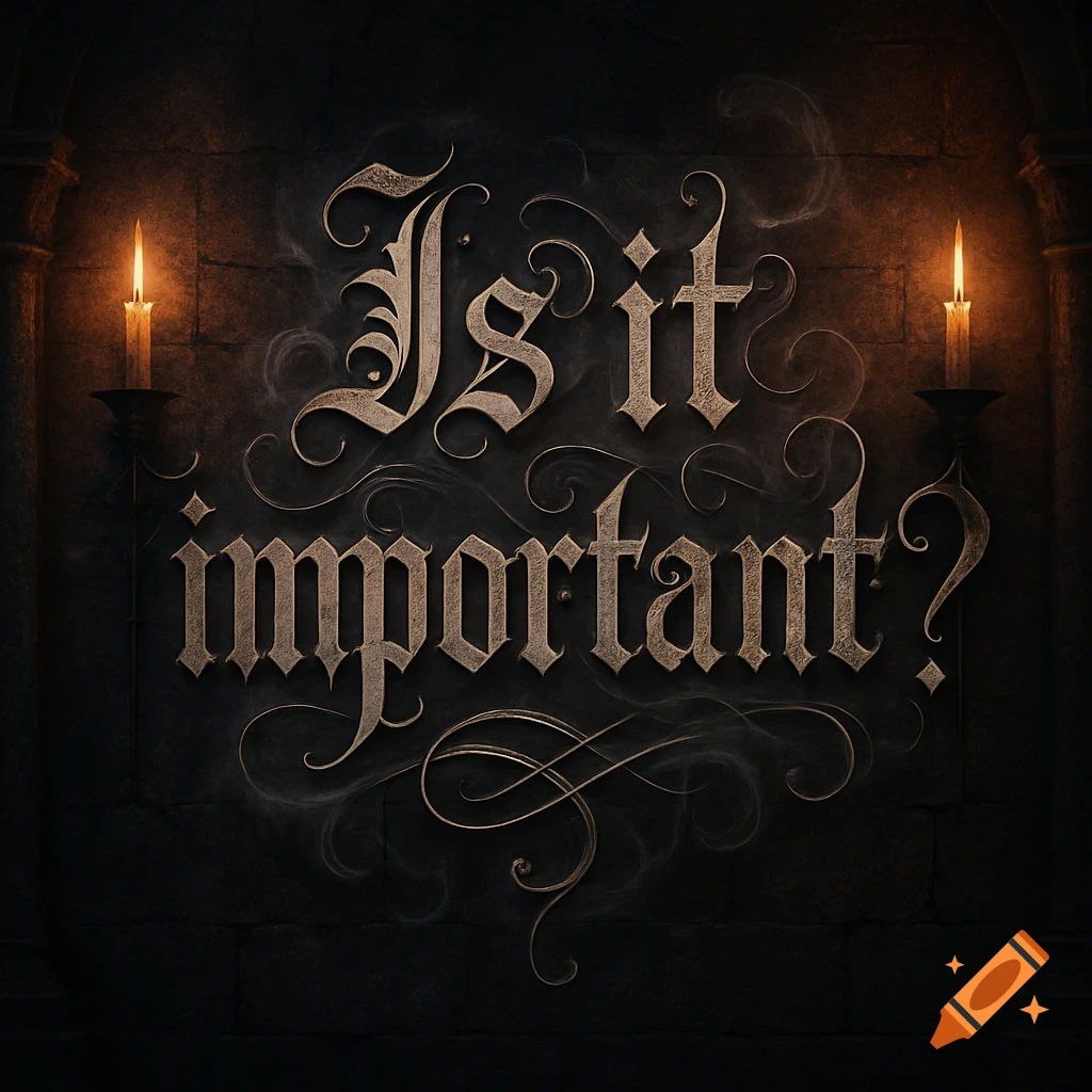 The words 'Is it important?' in a gothic font, illuminated by two candles on a dark stone wall.