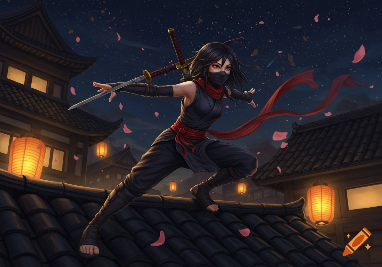 A female ninja in black and red, crouching on a dark rooftop at night, holding a katana. Japanese buildings and lanterns are in the background with falling cherry blossoms.