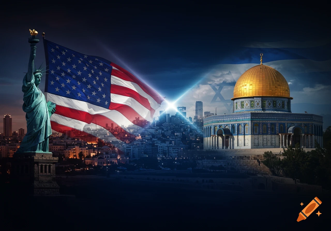 A composite image shows the Statue of Liberty and US flag on the left, blending into the Dome of the Rock and an Israeli flag on the right, over cityscapes at dusk.