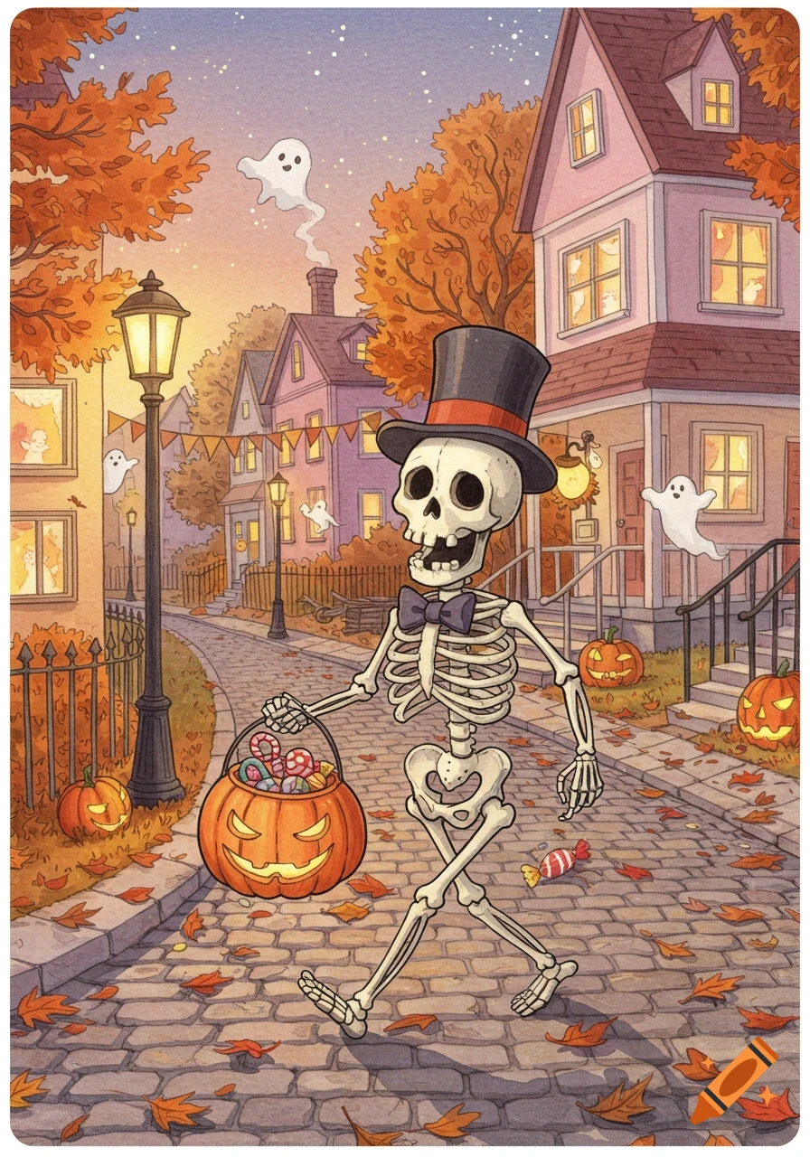 A skeleton in a top hat trick-or-treating with a pumpkin bucket on a colorful autumn evening in a children's book illustration style.