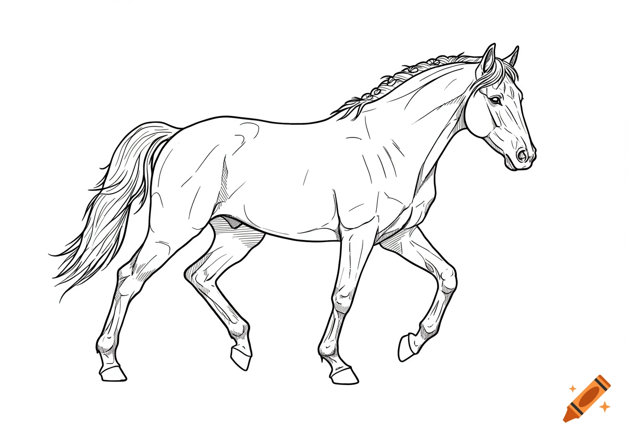 Black and white line drawing of a horse with a braided mane, walking with its head slightly lowered.