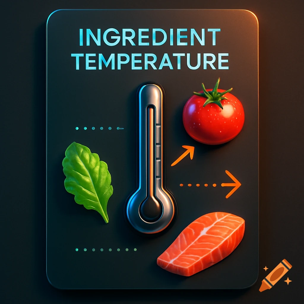 An illustrated graphic card with a thermometer, a tomato, a lettuce leaf, and a salmon fillet, titled 'INGREDIENT TEMPERATURE'.