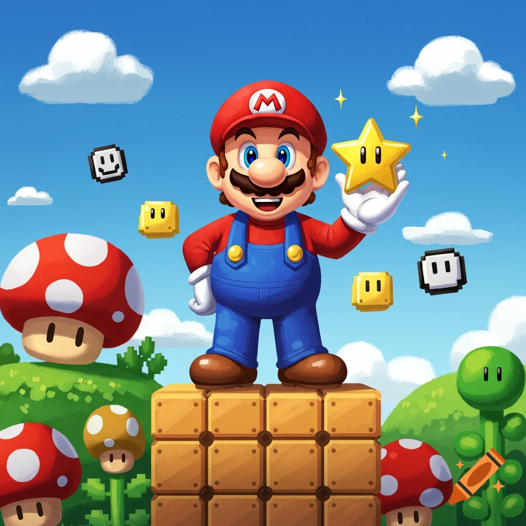 Super Mario stands on brown blocks, holding a yellow star, with red mushrooms and other game elements in a bright, colorful landscape.
