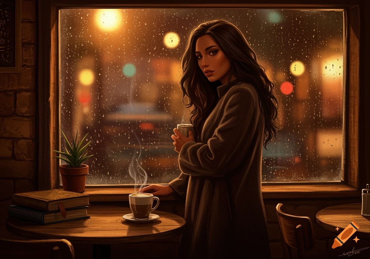 A woman in a cafe looks out a rain-streaked window, holding a mug, with books and a steaming coffee cup on the table.