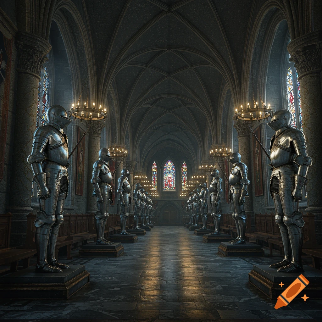 Photorealistic image of a grand gothic hall with rows of shining medieval suits of armor on display.