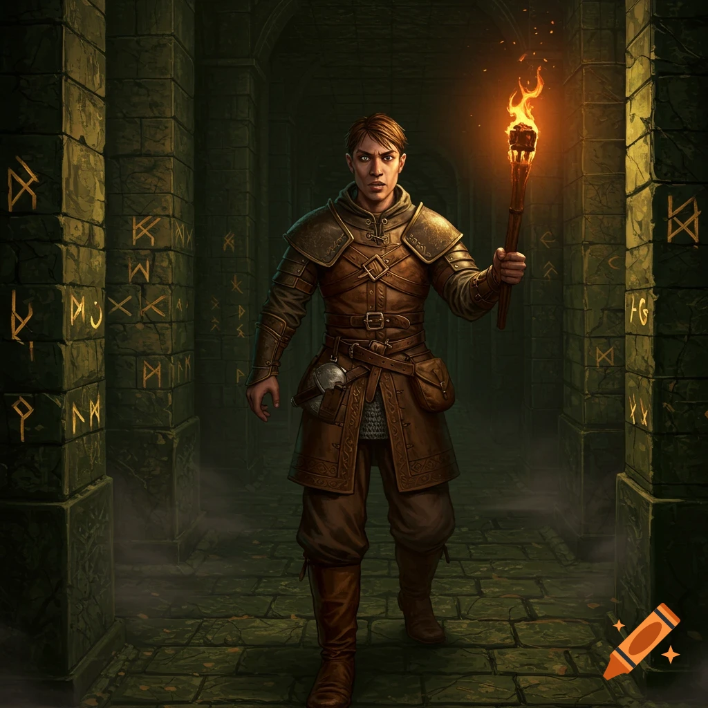 An adventurer in brown leather armor holds a lit torch while exploring a dark, stone dungeon with glowing runes on the walls.