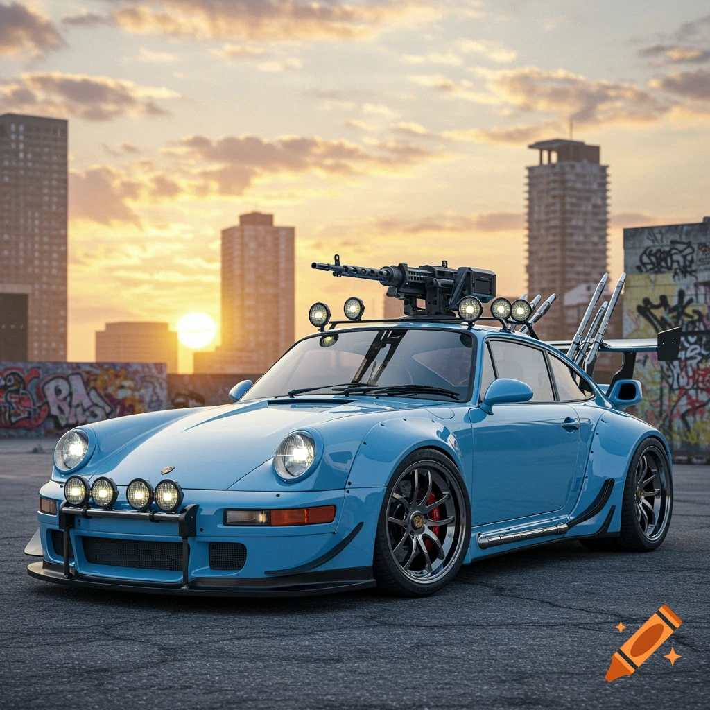 A light blue modified Porsche 911 with a roof-mounted machine gun and front rally lights, parked on asphalt with city buildings at sunset.