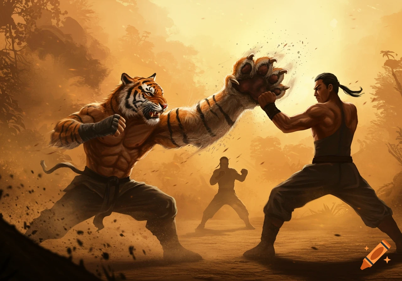 A powerful tiger-headed man with a giant paw arm fights another man in a stylized martial arts scene.