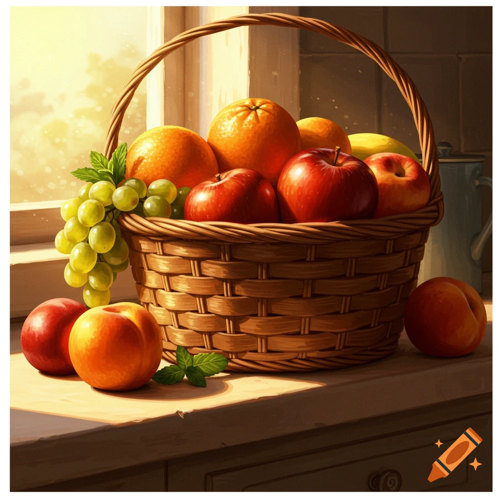 A still life painting of a woven basket overflowing with apples, oranges, grapes, and peaches on a sunlit countertop.