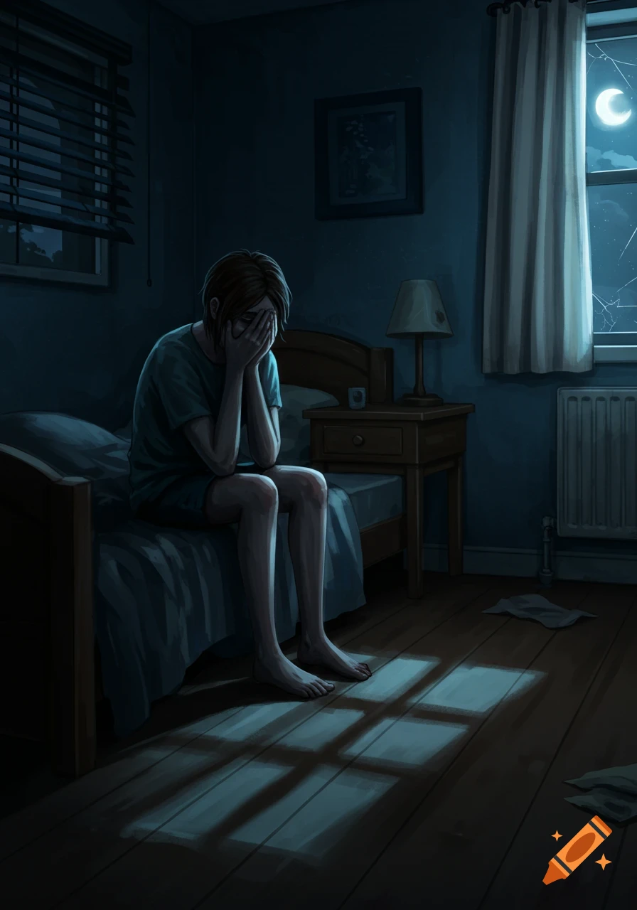 Digital painting of a person sitting on a bed in a dark room, covering their face, with moonlight casting shadows through a broken window.