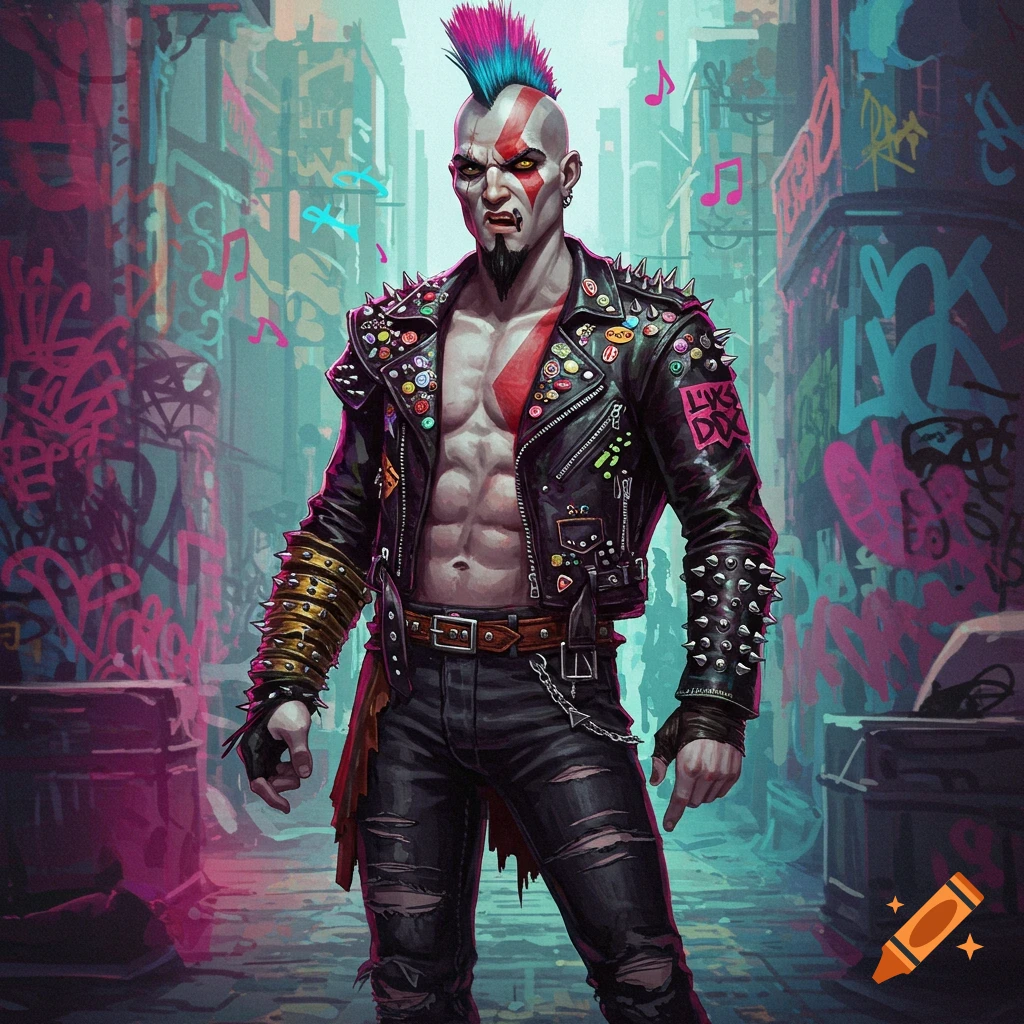 A muscular man with a pink and blue mohawk, red markings, and an open studded leather jacket stands in a graffiti-covered urban alley with floating music notes.