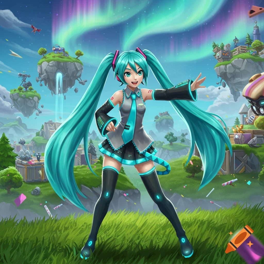 Hatsune Miku stands in a vibrant, fantastical landscape with floating islands and an aurora borealis in the sky, in a video game art style.