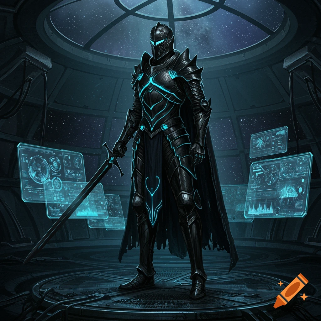 A futuristic black knight with glowing blue accents stands in a sci-fi command center with holographic screens displaying data, looking out into space.