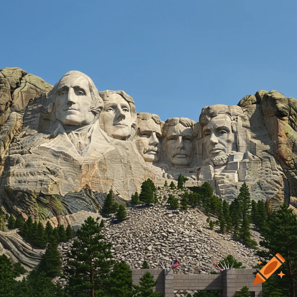 Photorealistic image of Mount Rushmore with four generic male faces carved into the mountain.