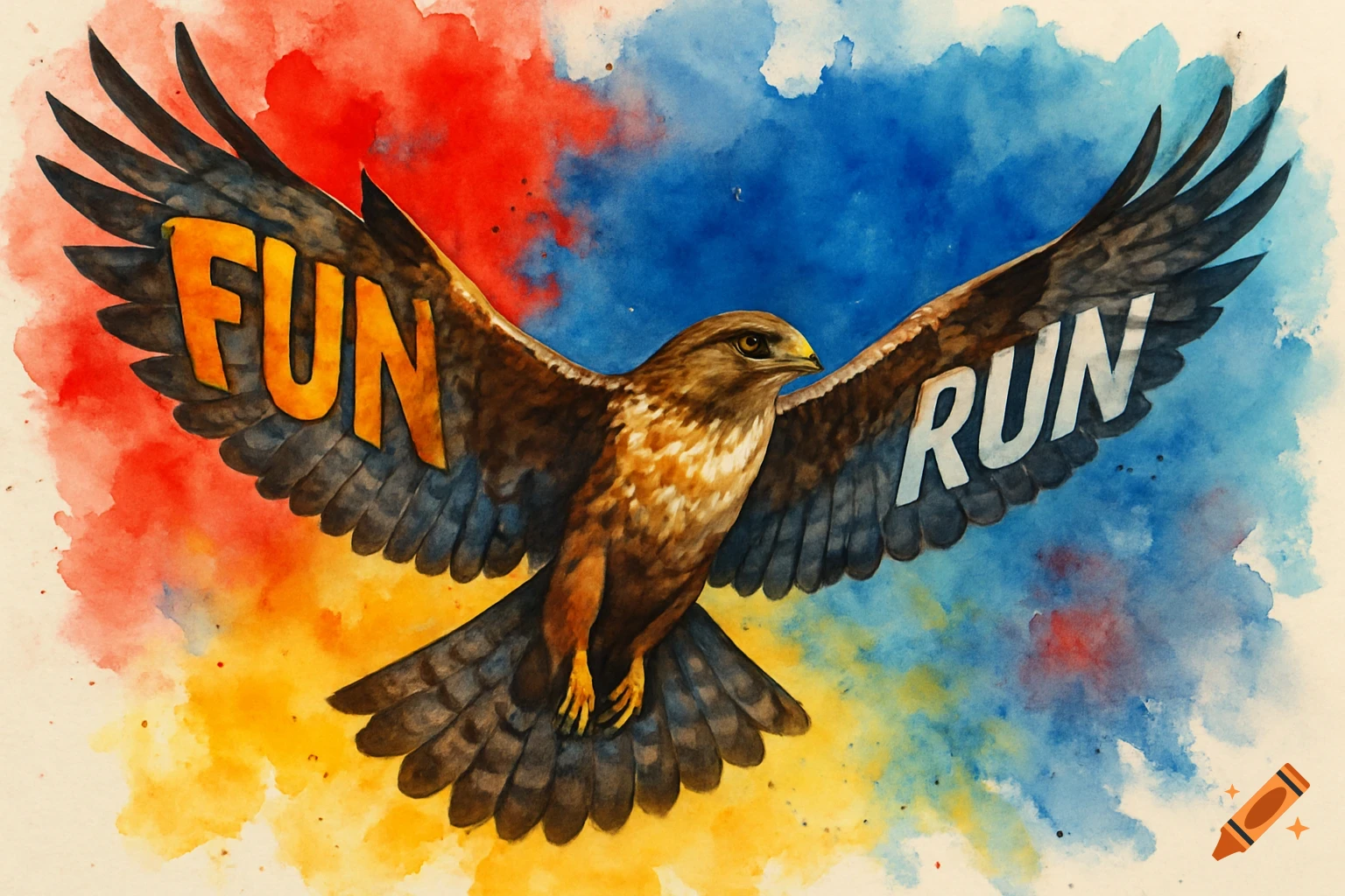 Watercolor painting of a hawk with outstretched wings, 'FUN' on one wing and 'RUN' on the other, against a colorful background.