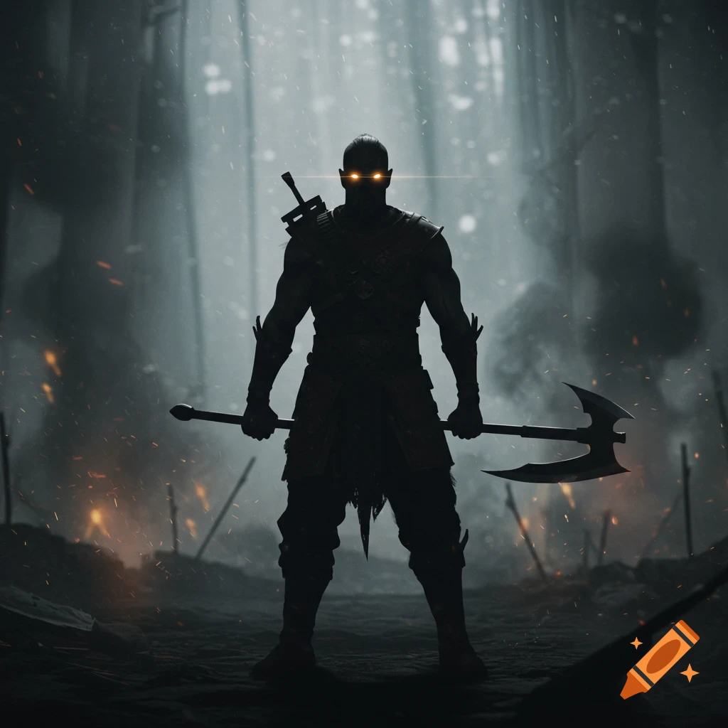 A dark silhouette of a muscular warrior with glowing eyes, holding a battle axe, standing in a smoky, desolate forest.