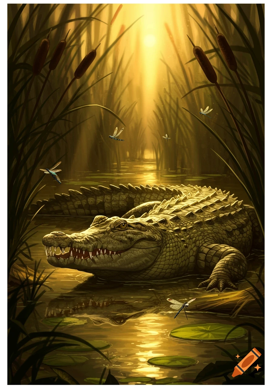 A large alligator lies in golden, sunlit swamp water among tall cattails and lily pads, with dragonflies flying nearby.